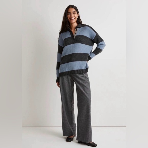 Madewell Women’s Wool Blend Blue and Black Rugby Striped Sweater, Large - Picture 3 of 16